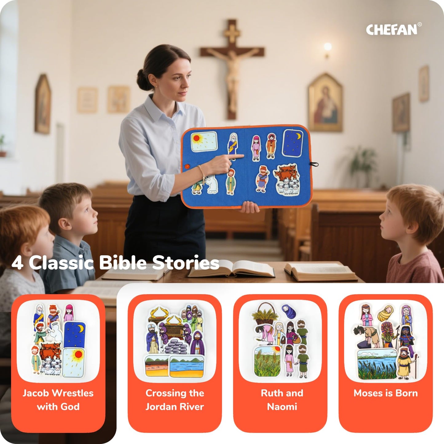 CHEFAN 4 Pack Felt Board Bible Stories Set, Flannel Board Stories, Nativity Flannel Graph Bible Toy for Kids, Include Ruth and Naomi, Crossing The Jordan River, Moses is Born, Jacob Wrestles with God