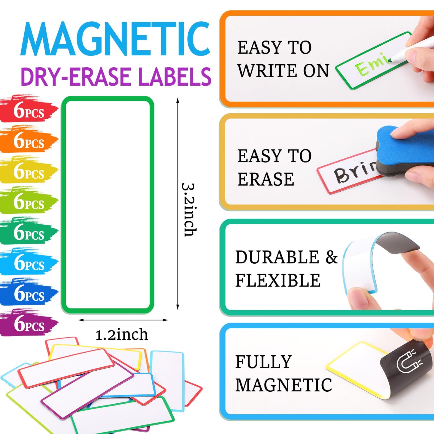Tellegloww 6 Rolls 1/4" Magnetic Whiteboard Tape Set 33ft Magnetic Tape Roll Thin Strips Borders for Classroom Whiteboard with 48pcs Dry Erase Label for Classroom School Office Home Students (Black)