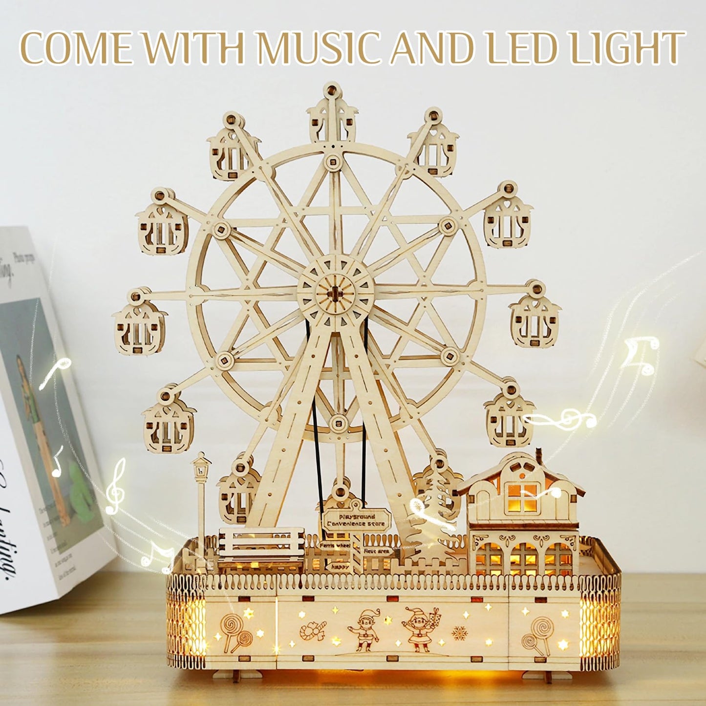 Foyucool Wooden 3D Puzzle for Adults - DIY Ferris Wheel Model Kit with Music Box & LED Lights, Mechanical Assembly Building Set, Creative Craft Gift for Friends and Family, Age 14+
