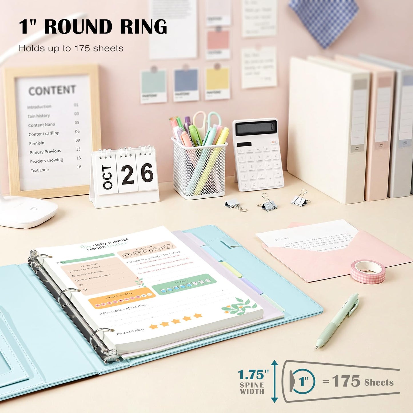 Ospelelf Leather 3 Ring Binder for Letter Size Documents with Pocketed Storage Dividers, Pencil Pouch & Notepad, 1 Inch Round Rings, Holds 175 Sheets, for Office School Home Organization, Light Blue