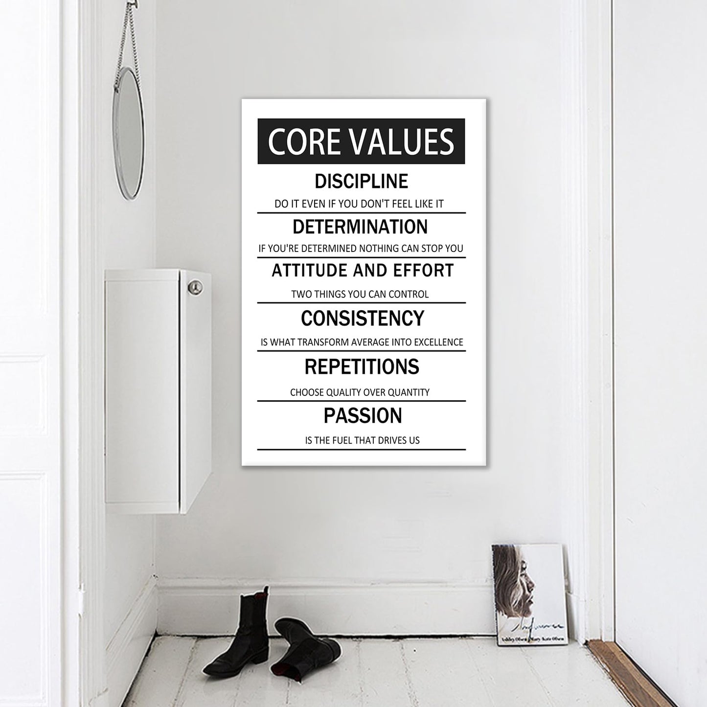 Core Values Motivational Wall Art Canvas Poster Black and White Inspirational Painting Print Artwork for Living Room Office Gym Modern Home Wall Decor Artwork Framed Ready to Hang [24''W x 36''H]