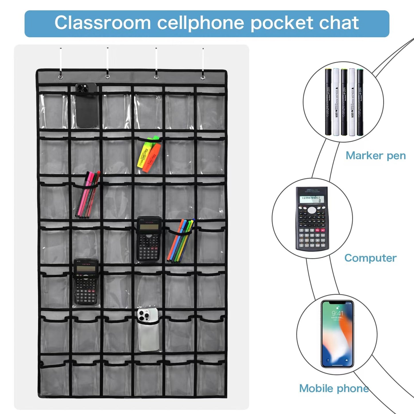 SAVERHO 42 Pocket Classroom Pocket Chart for Cell Phones and Calculator,Clear Cellphone Pocket Chart for Classroom with Number Sticker and hooks (Grey-42 Pockets)