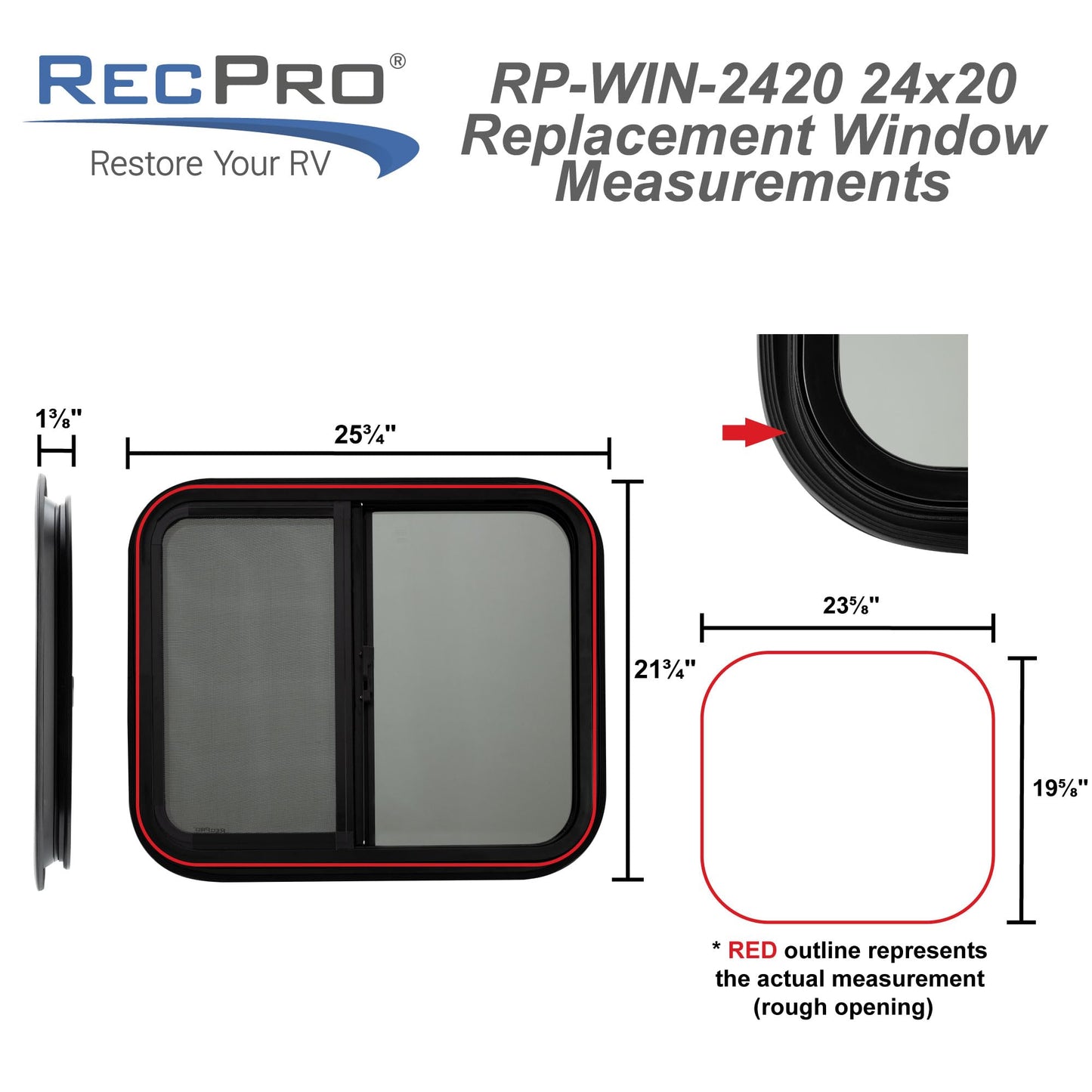 RecPro RV Window Replacement, Teardrop Style, Horizontal Sliding, 24inW x 20inH, Black, Model RP-WIN, Made in USA