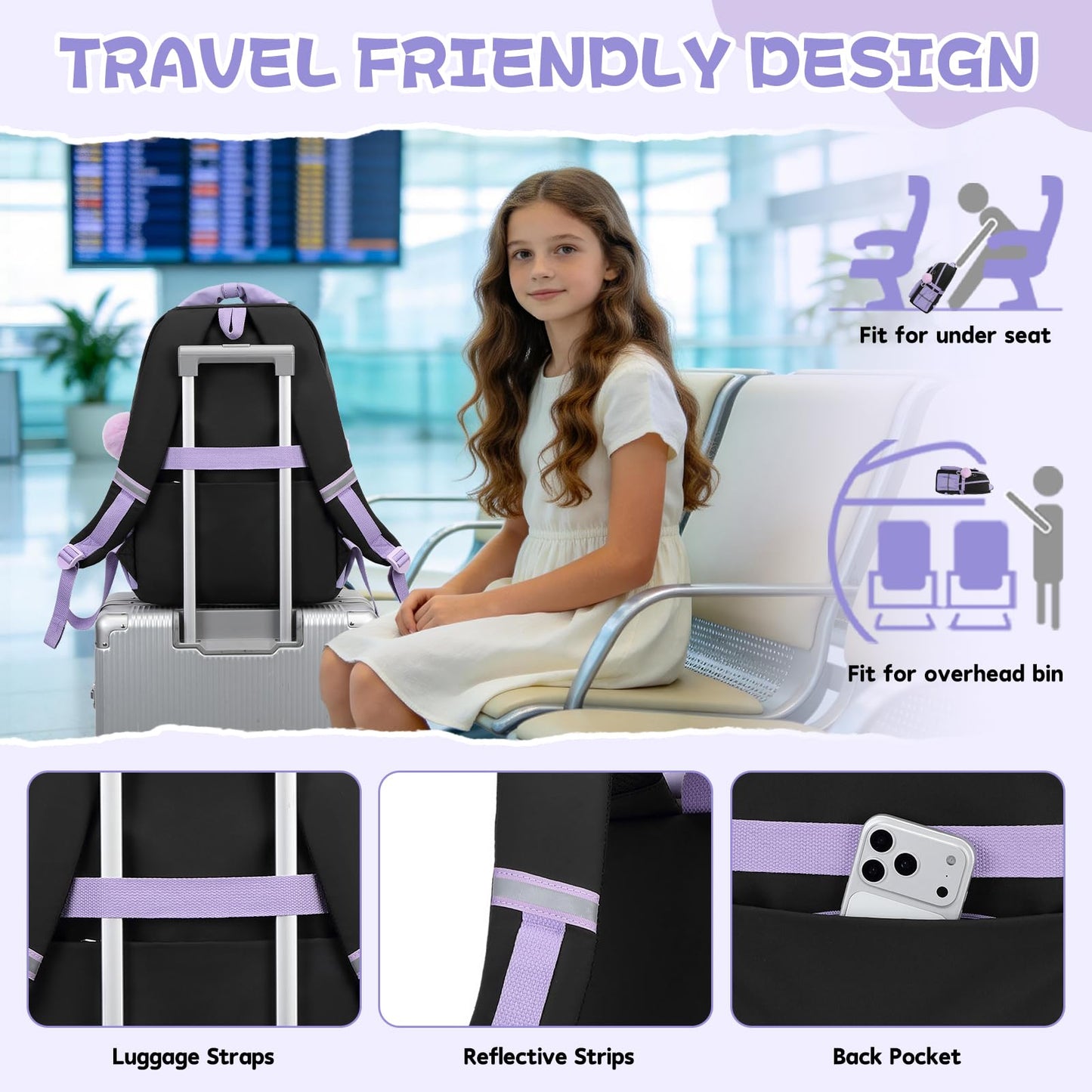 MUSEVOS Girls Backpack, Kids Backpack for Girls, School Bookbag for Teens Age 6-15, Large Capacity Water Resistant Backpack for Elementary to High School, Cute Travel Daypack, Black Purple 3pcs