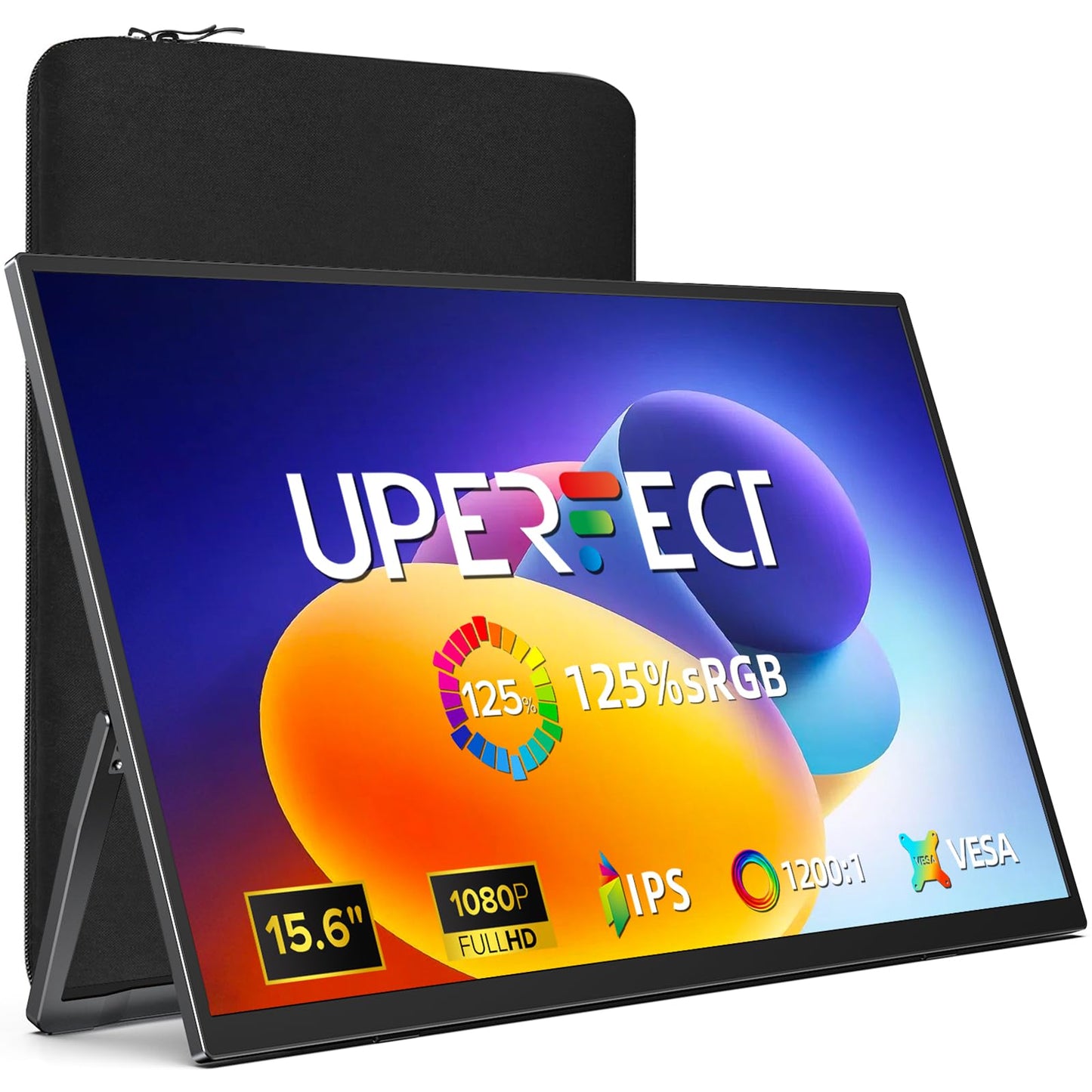 UPERFECT Portable Monitor 15.6", 125% sRGB Ultra-Slim Laptop Monitor with Protective Sleeve, Built-in Adjustment Stand | Speaker | VESA, HDMI USB-C Plug & Play Second Screen for Phone Game Console