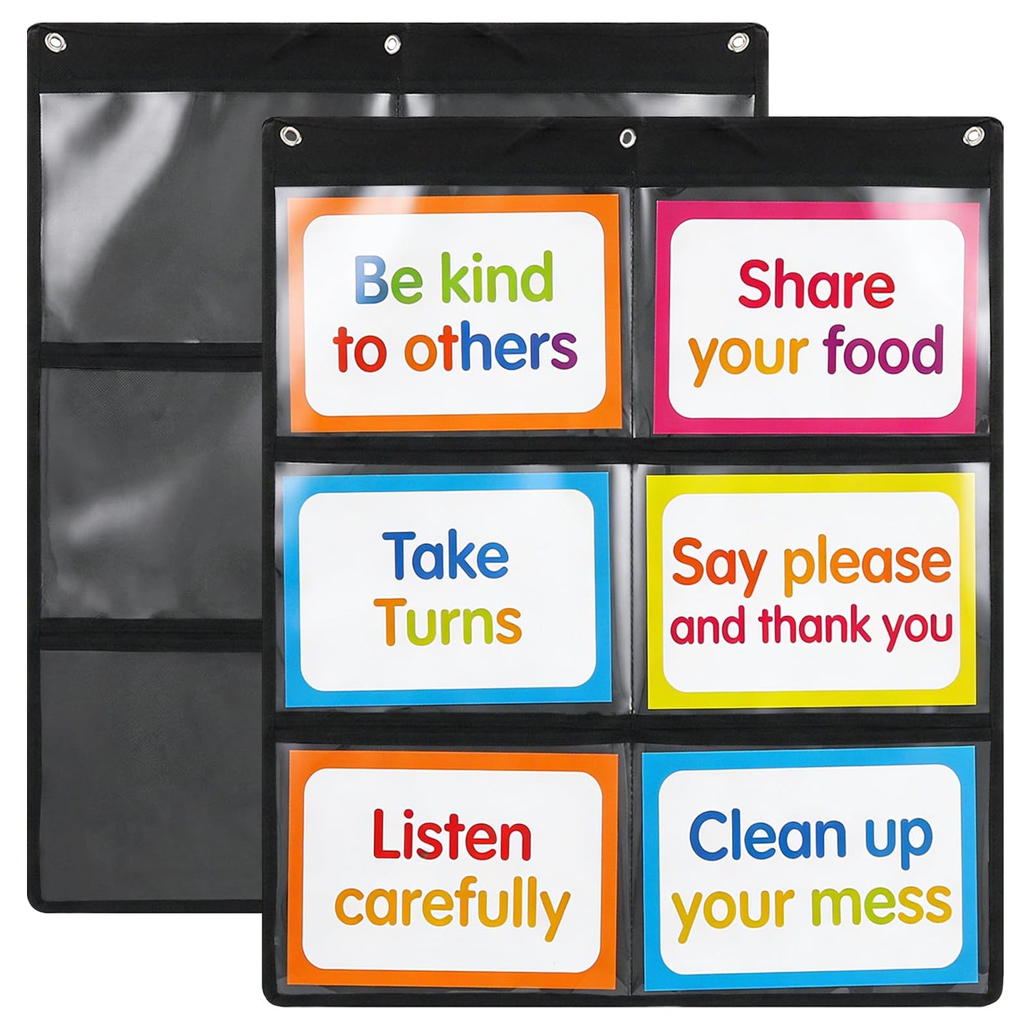 Cididu 2 Pack Pocket Chart for Classroom, Hanging Wall File Organizer with 6 Pocket, 28.3 x 24.2 In, Black Paper Storage for Cards, Drawing, Pictures, Art Display, Office, School