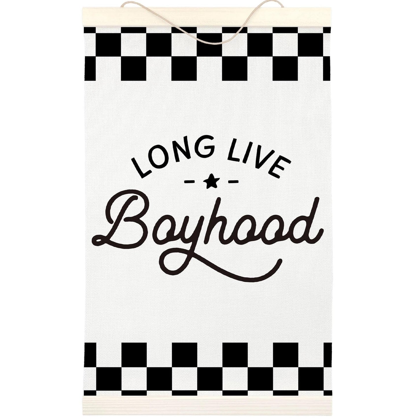 LKETW Long Live Boyhood Poster Hanger Frame 12x16 Inch, Race Car Boy Nursery Wall Art Posters for Playroom, Black and White Checkered Hanging Banner Decor for Toddler Boy Nursery Room Bedroom