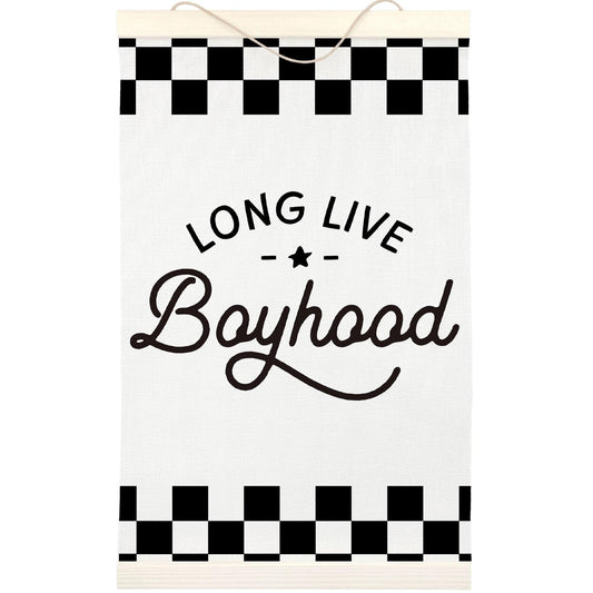 LKETW Long Live Boyhood Poster Hanger Frame 12x16 Inch, Race Car Boy Nursery Wall Art Posters for Playroom, Black and White Checkered Hanging Banner Decor for Toddler Boy Nursery Room Bedroom