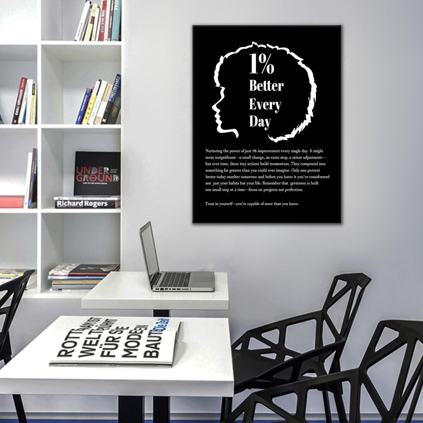 DINGFUN Inspirational Posters for Office 1 Percent Better Every Day Canvas Wall Art, Black White Quote Single Panel Wall Decor for Home Office Dorm Classroom 24x18 Inch