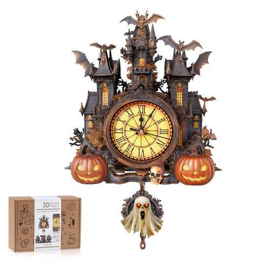 3D Puzzles for Adults, Halloween Cottage Clock with Pendulum Model Kit, 3D Wooden Puzzles for Adults Room Home Decor DIY Clock Kit, Holiday Birthday Gifts for Men Women Teens