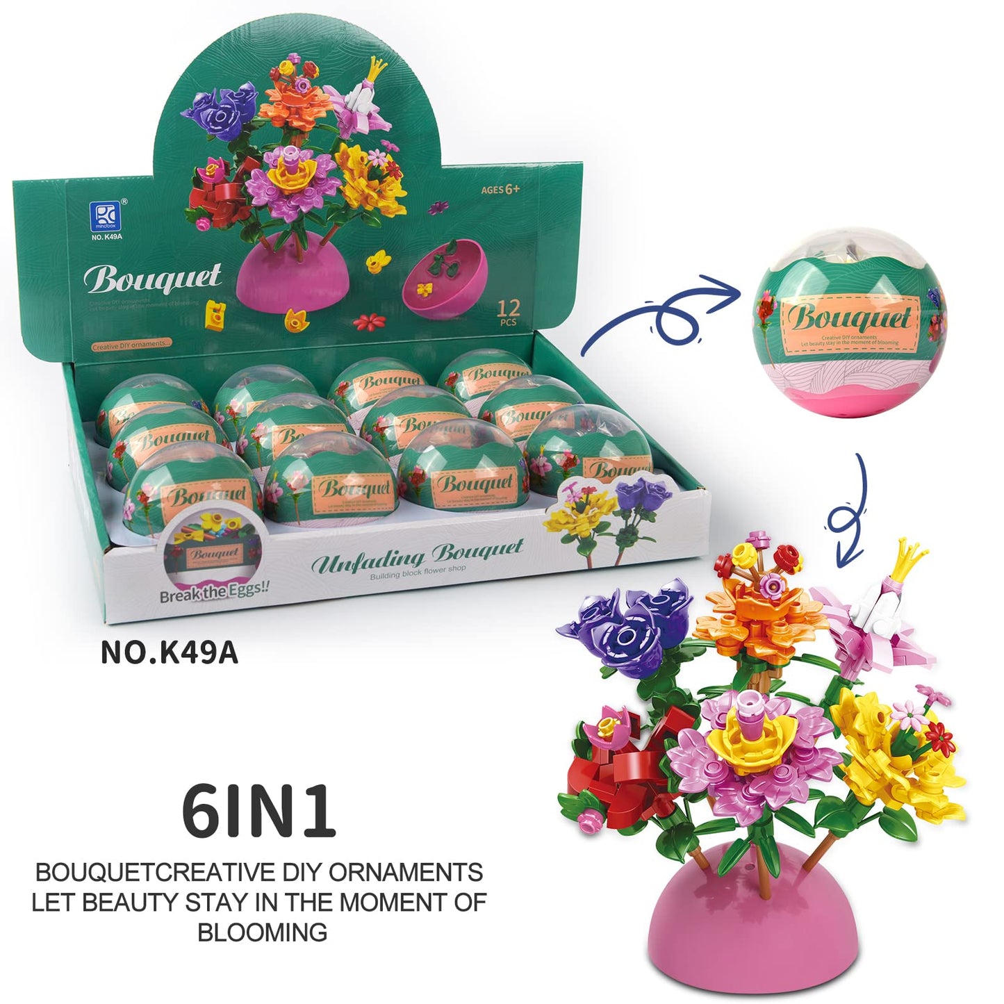 auryee 12 Pack Filled Eggs with 157 Pcs DIY Flower Garden Building Blocks for Party Favors, Easter Egg Hunt, Classroom Events - Educational Activity Toy for Girls 6+ Years Old