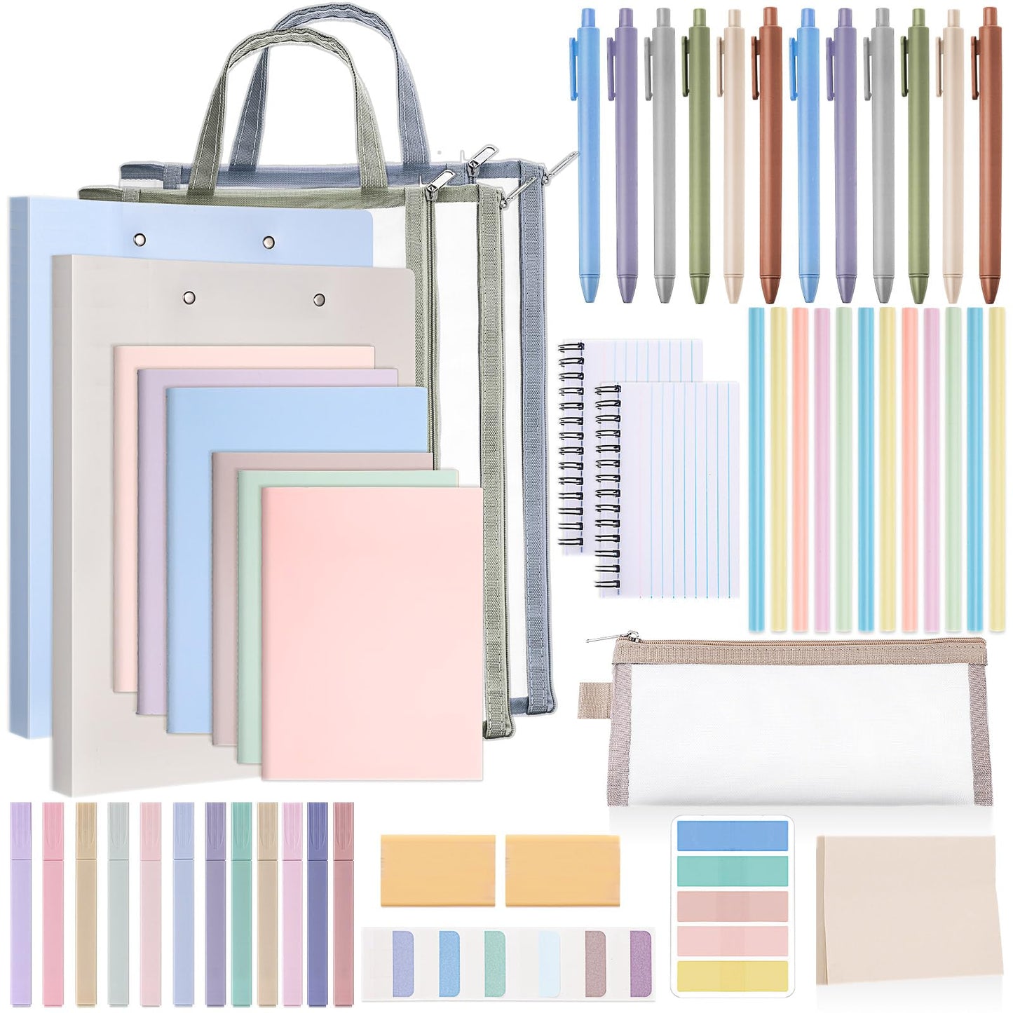 Colarr 54 Pcs Cute Notebook Stationery Set for Women, Bible Study Supplies, 6 Lined Notebooks, 36 Pens, Sticky Notes & Tabs, Bags & Folders for Work Journal Study College Office Supply(Morandi)