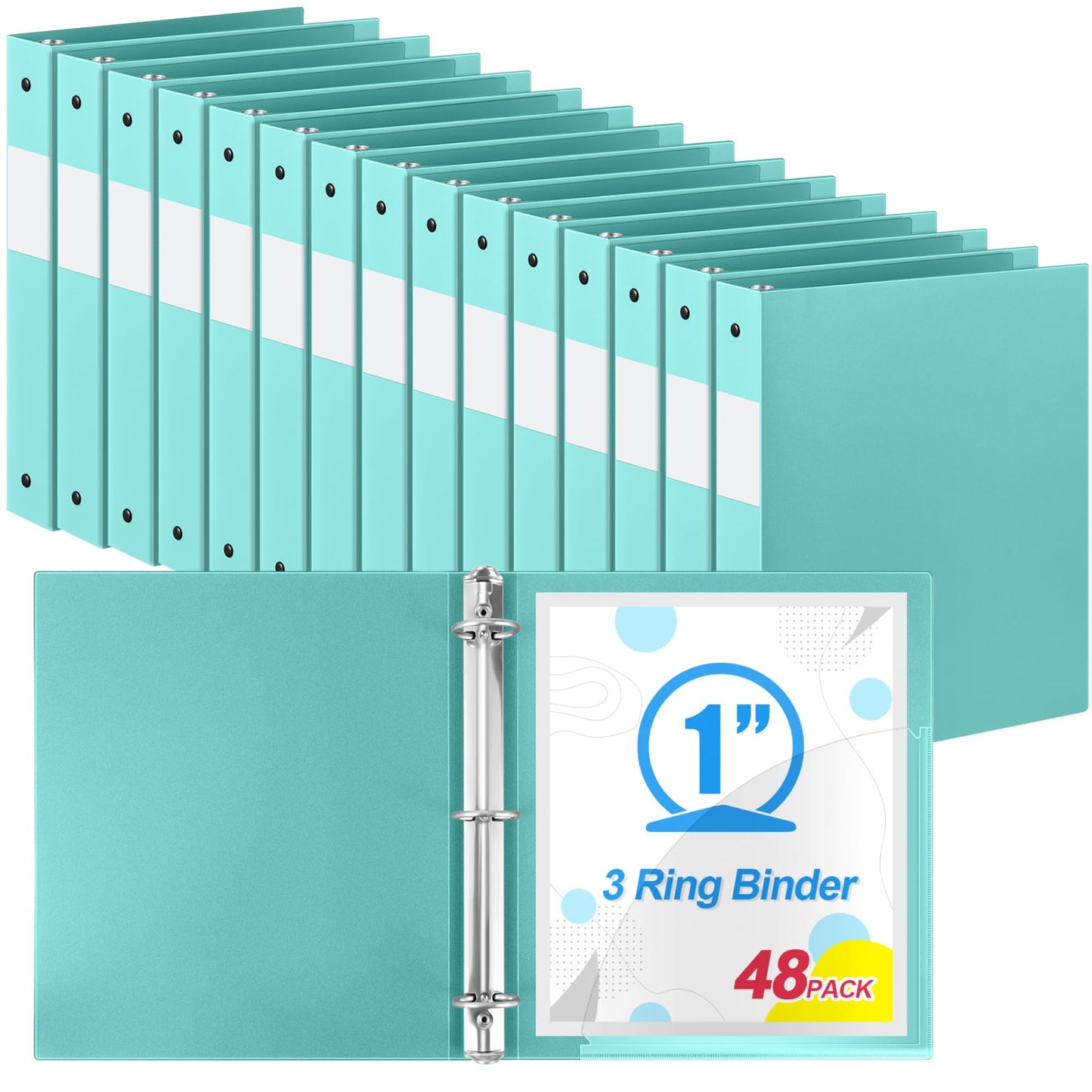 Henoyso 48 Pack 1 Inch 3 Ring Plastic Binders, Bulk Flexible PP Binders for Classroom & School Supplies, Letter Size 8.5 x 11, Holds 240 Sheets with Interior Pocket (Mint Green)