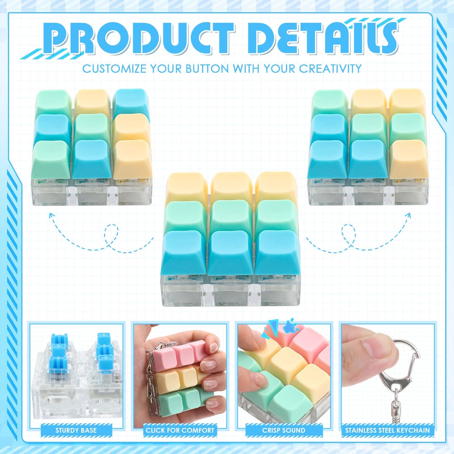 Halloscume 10 Pcs Keyboard Adult Fidget Clicker 9-in-1keyboard Fidget Keychain Cube Mechanical Key Button Clicker Stress Relief Gift for Office Home to Pass The Time (Macaron Color)