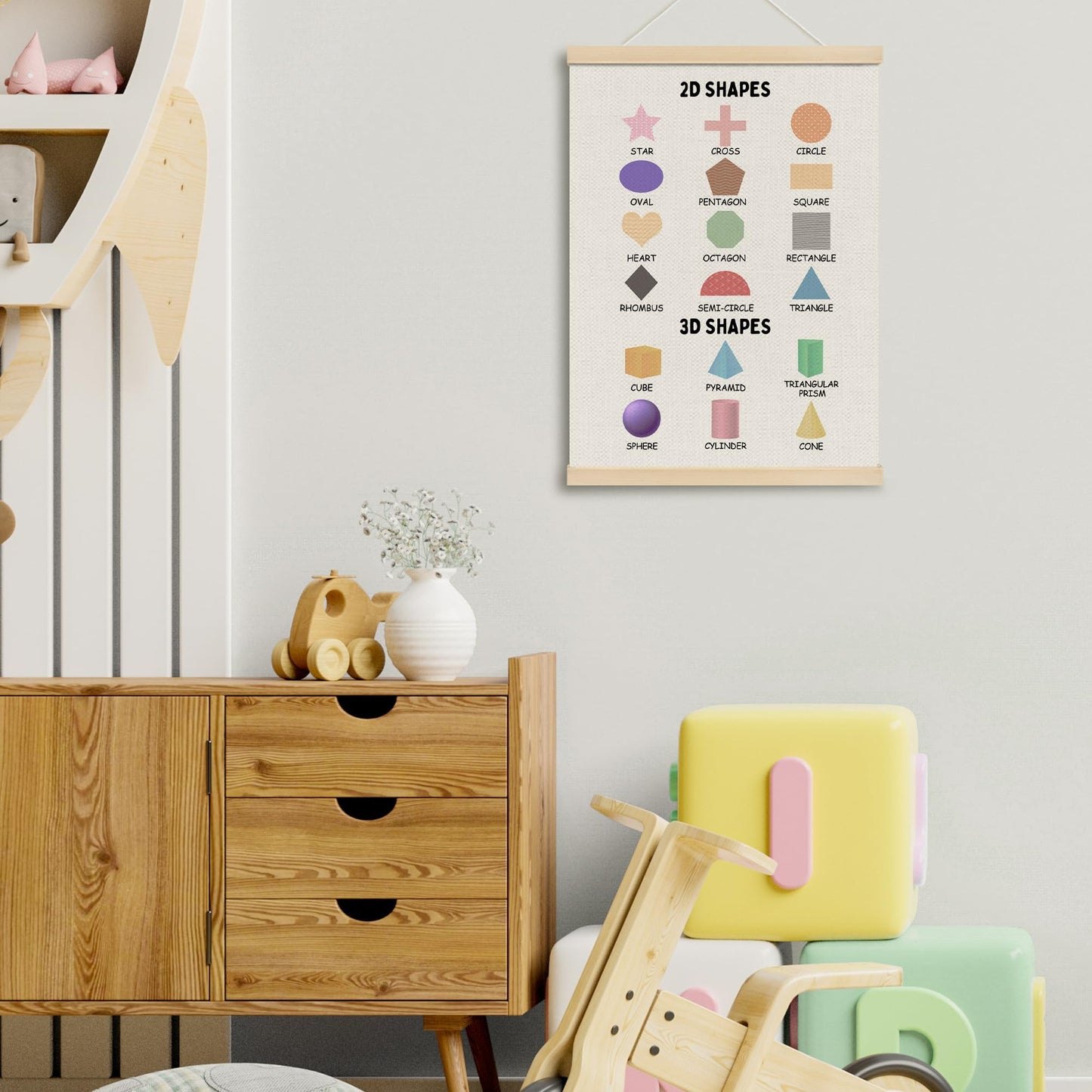 MOTERMATE 2D 3D Shapes Classroom Wall Art Poster for Teaching, Boho Toddler Room Decor, Learning Educational Poster Hanger Frame for Toddlers, Preschool Playroom Wall Hanging Banner Decor,12x16 Inch