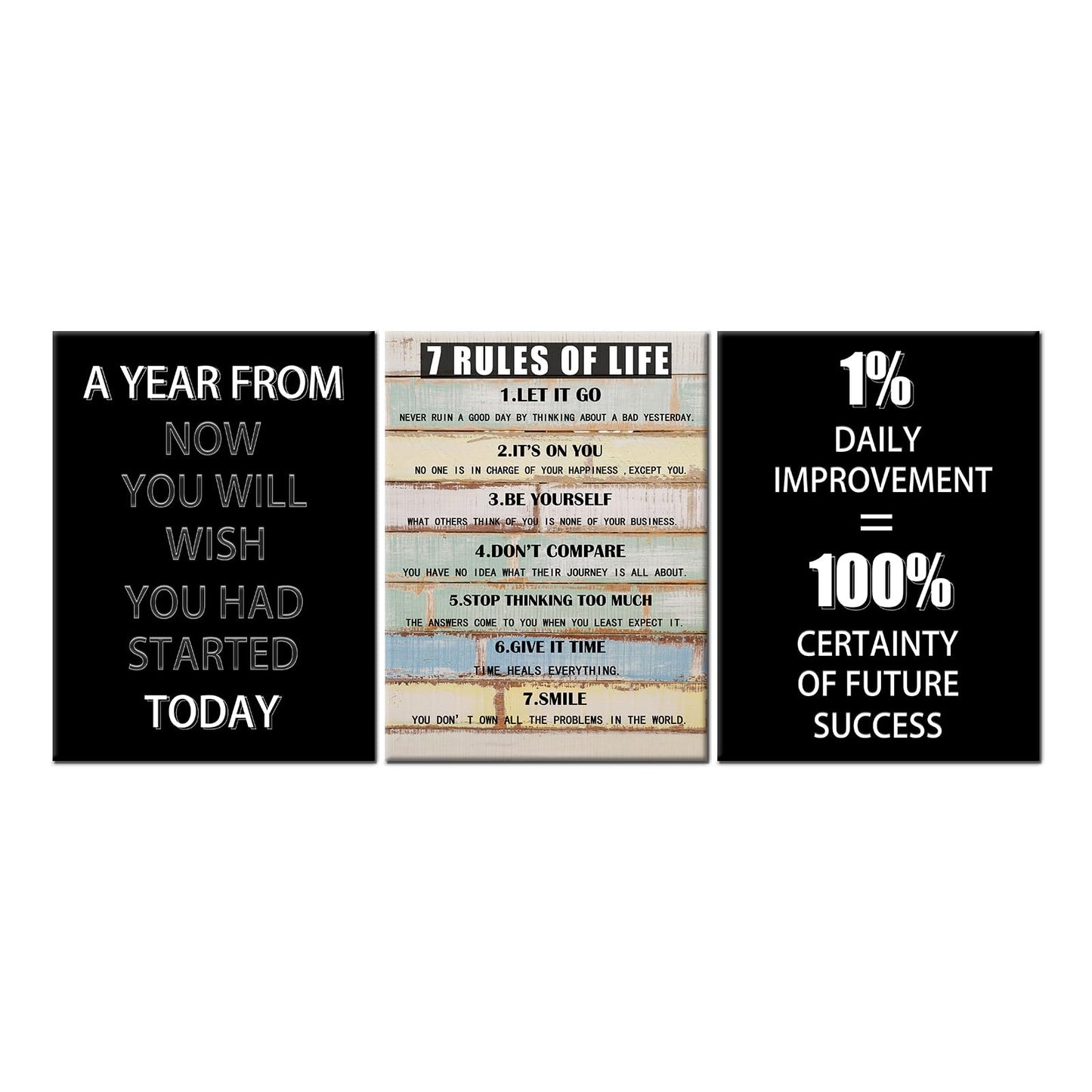 PSYYSP Motivational Wall Art 7 Rules of Life Canvas Print Framed Inspirational Quotes Poster for Office Home Gym Success Action Discipline Decor Modern Black White Artwork 36x16