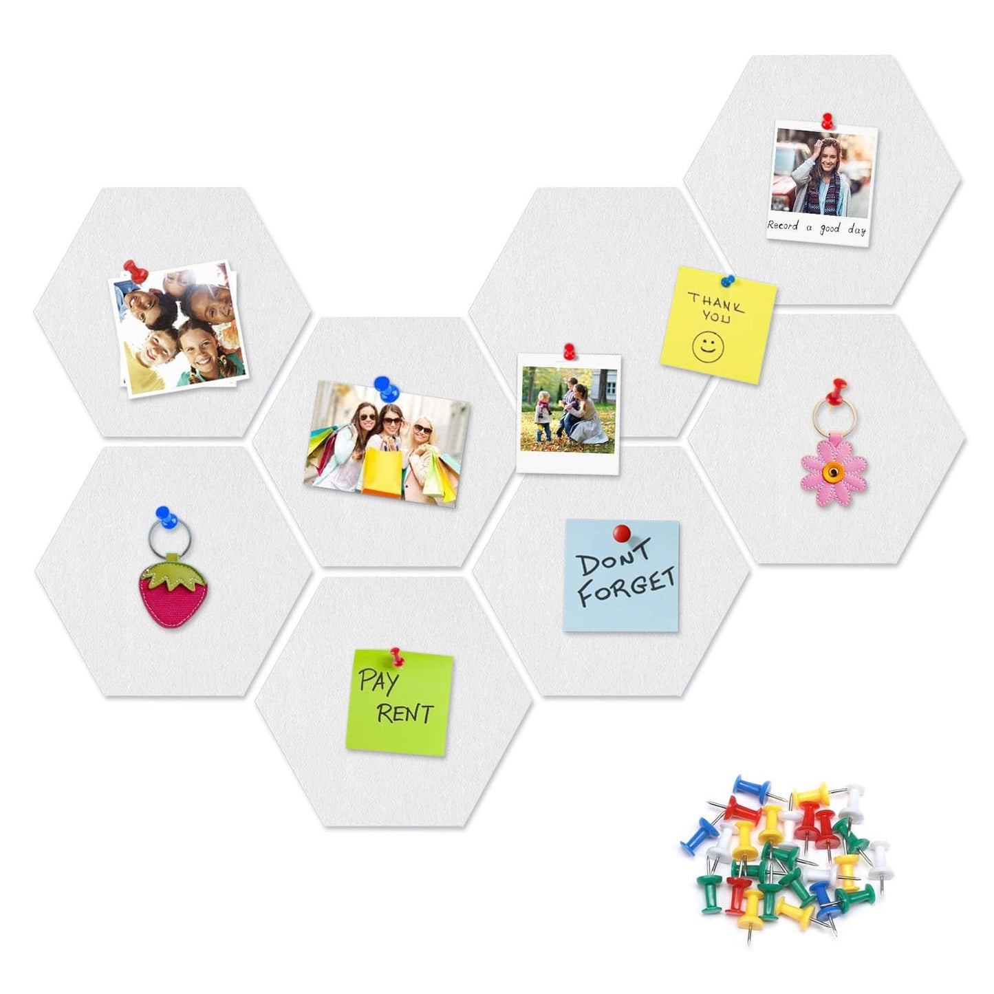 8 Packs White Hexagon Felt Pin Board, 12" Bulletin Board with 30 Push Pins, Felt Board for Home Kitchen Office Decor, Self-Adhesive Corkboard Tiles for Walls Classroom Message Photos Memos Display