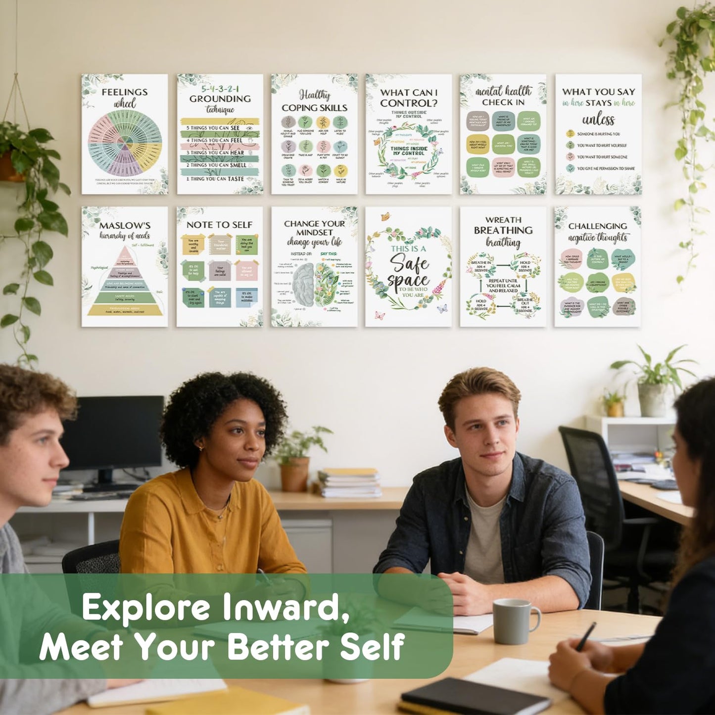 SEOIFUNG 12 Pcs Mental Health Growth Mindset Change Posters Set (11x17") - Safe Space Feelings Wheel Coping Skill Poster for Therapy Counseling Office School Home Wall Decor Counselor Therapist Gifts
