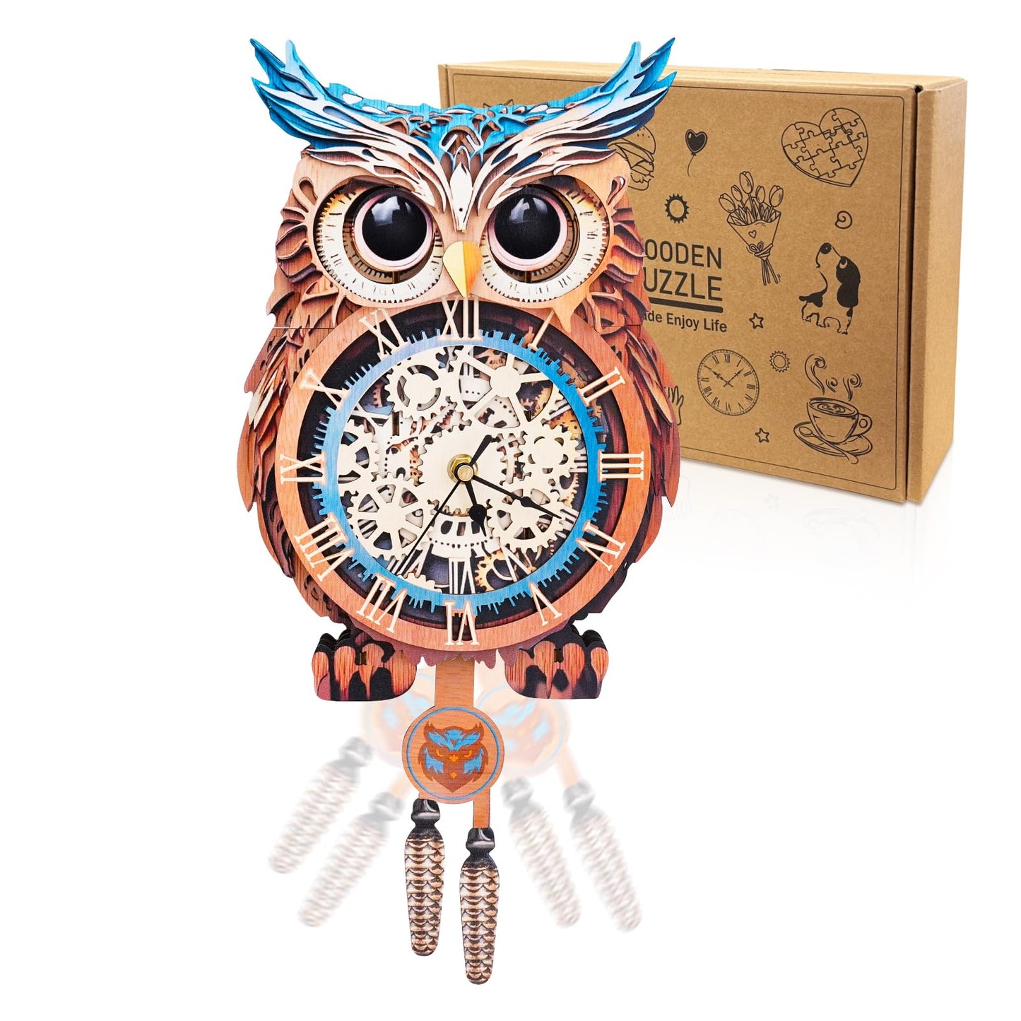Cutywood 3D Puzzle for Adults-Wooden Owl Clock for Room Decoration, DIY Build Mechanical Wall Clock with Roman Numerals, Personalized Gift for DIY Lovers