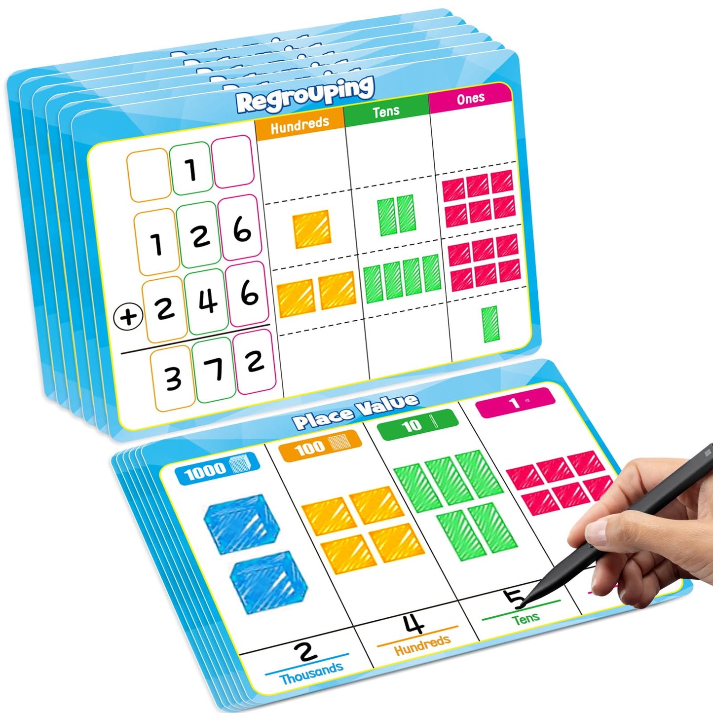 PraxiKidy 12 Pack Place Value Dry Erase Flash Cards Chart, 9" x 12" Base Ten Addition and Subtraction Math Manipulatives 1st 2nd 3rd Grade Classroom Must Haves Teacher Homeschool Supplies Essential
