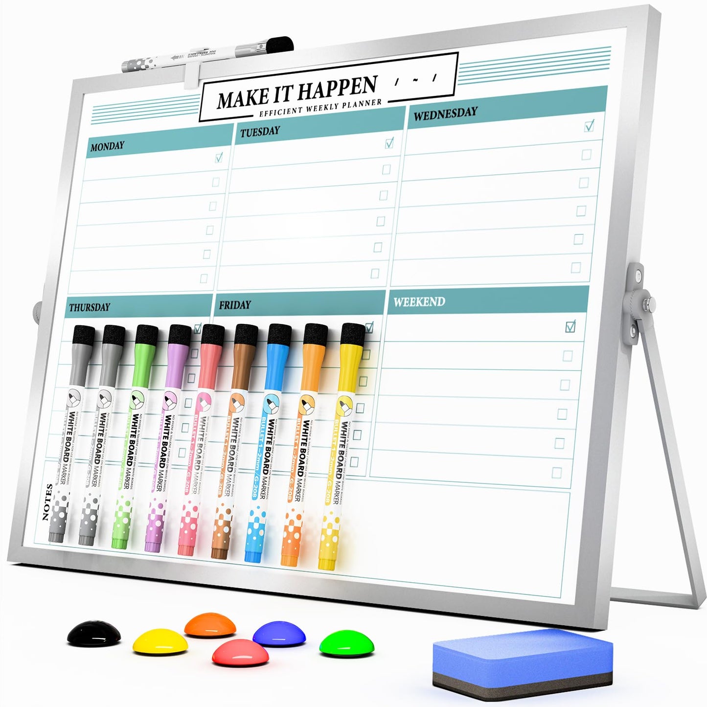 Marsrock Dry Erase White Board with Stand,Double-Sided Weekly Whiteboard 16"x12",10 Markers,6 Magnets,1 Eraser,Portable Desktop Whiteboard for Planning,Weekly Schedule Board for Office