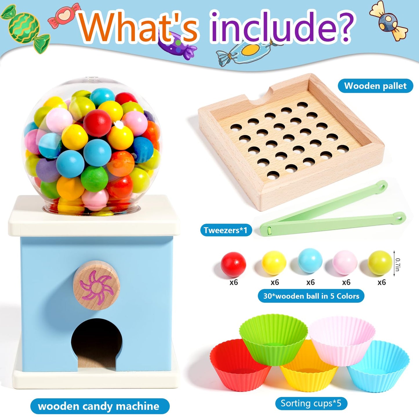 QimuMku 9.6" Wooden Gumball Machine Counting Montessori Toys for 3 4 5 Years Old Boys Girls, Toddler Preschool Learning Activities Toy for Kids Ages 4-8, Birthday Gifts Sensory Toys