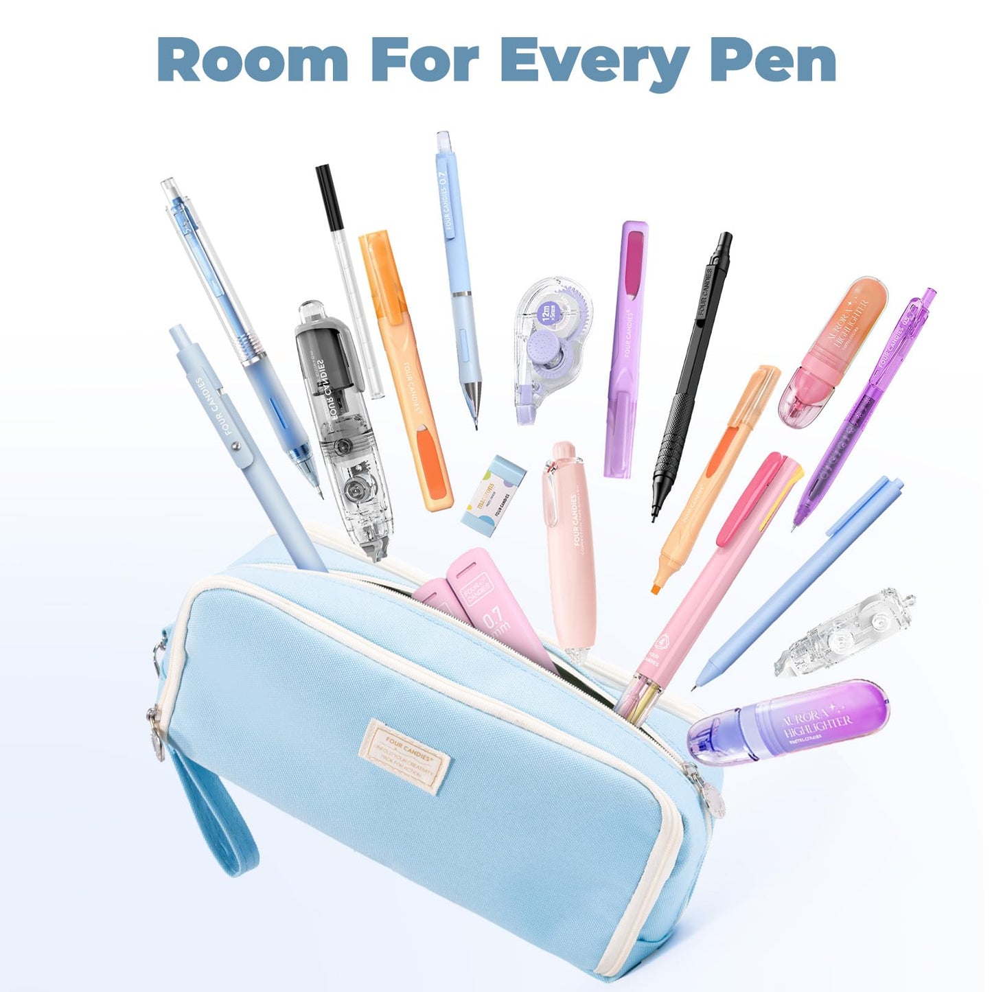 Four Candies Blue Pencil Case 3 Compartment Pouch, Large Pencil Pouch for School, Girls, Teen Boys, Women, Blue, Removable Handle & Zipper, Cute Pencil Bag for Office, College