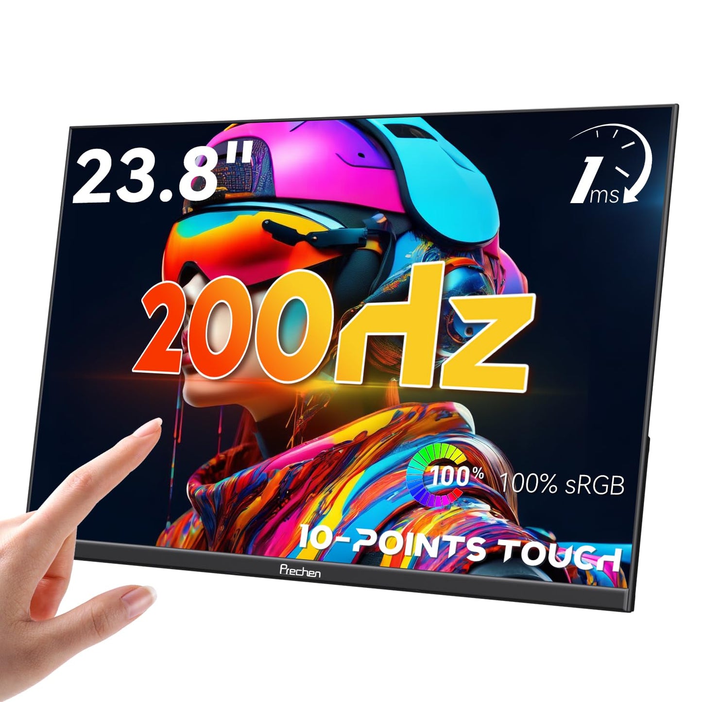 Prechen 23.8" 200hz Portable Touchscreen Monitor 99% sRGB VA FHD 1080P, VESA, Built-in Speaker, w/90°Adjustable Stand USB-C HDMI External Second Touch Screen Display for Laptop/PC/Phone