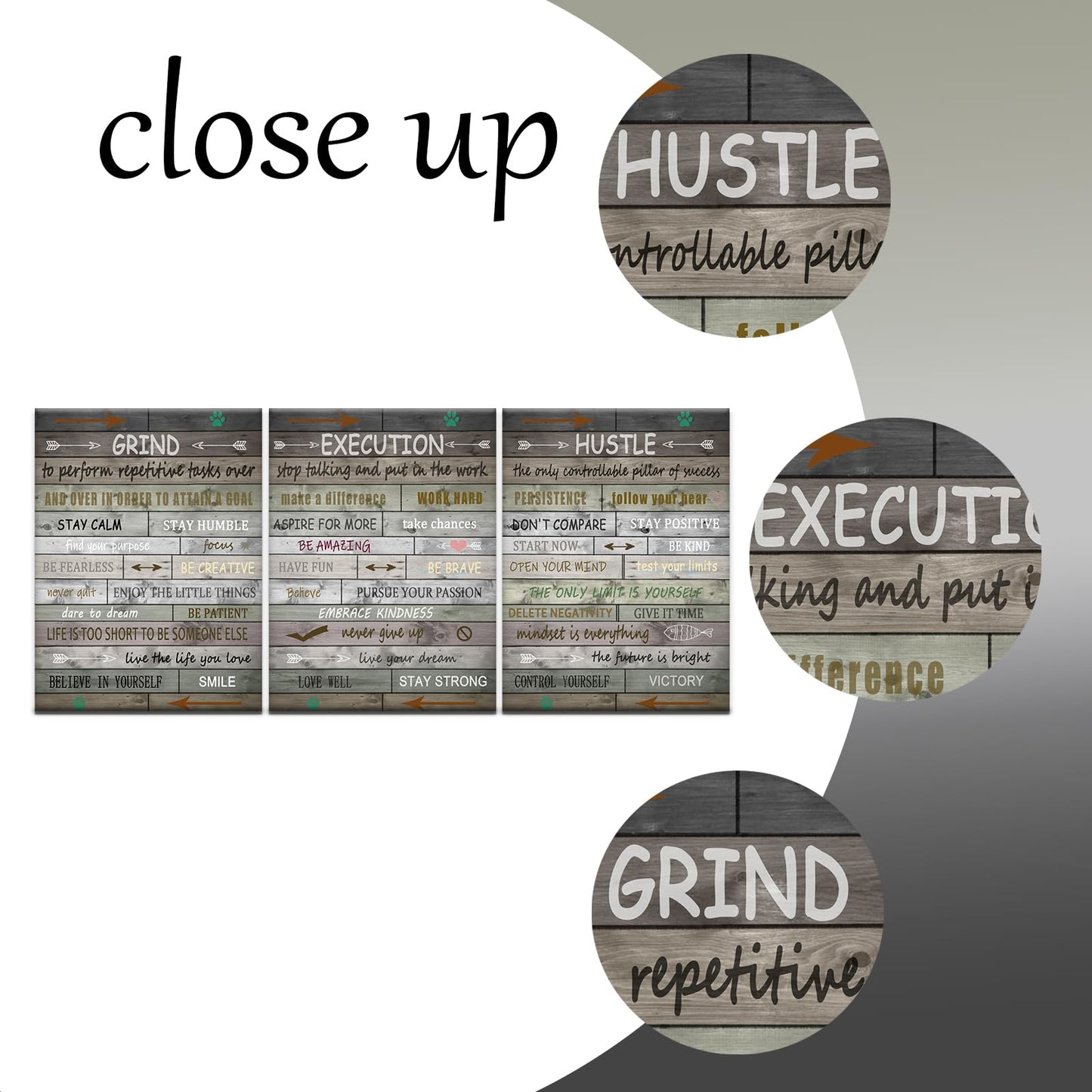 PSYYSP 3 Piece Canvas Wall Art Grind Execution Hustle Posters, Rustic Motivational Triptych Wall Decor for Office, Bedroom, Dorm, Business Workspace, Framed Canvas 36x16inch