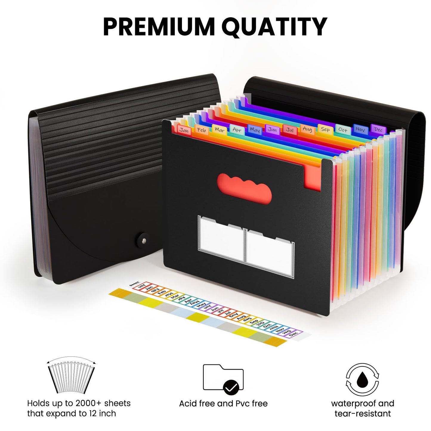Sooez Accordion File Organizer, 13 Pockets Expanding File Folders, Portable Monthly Paper Bill Tax Receipt Organizer, Letter A4 Size Document Holder with Blank Labels
