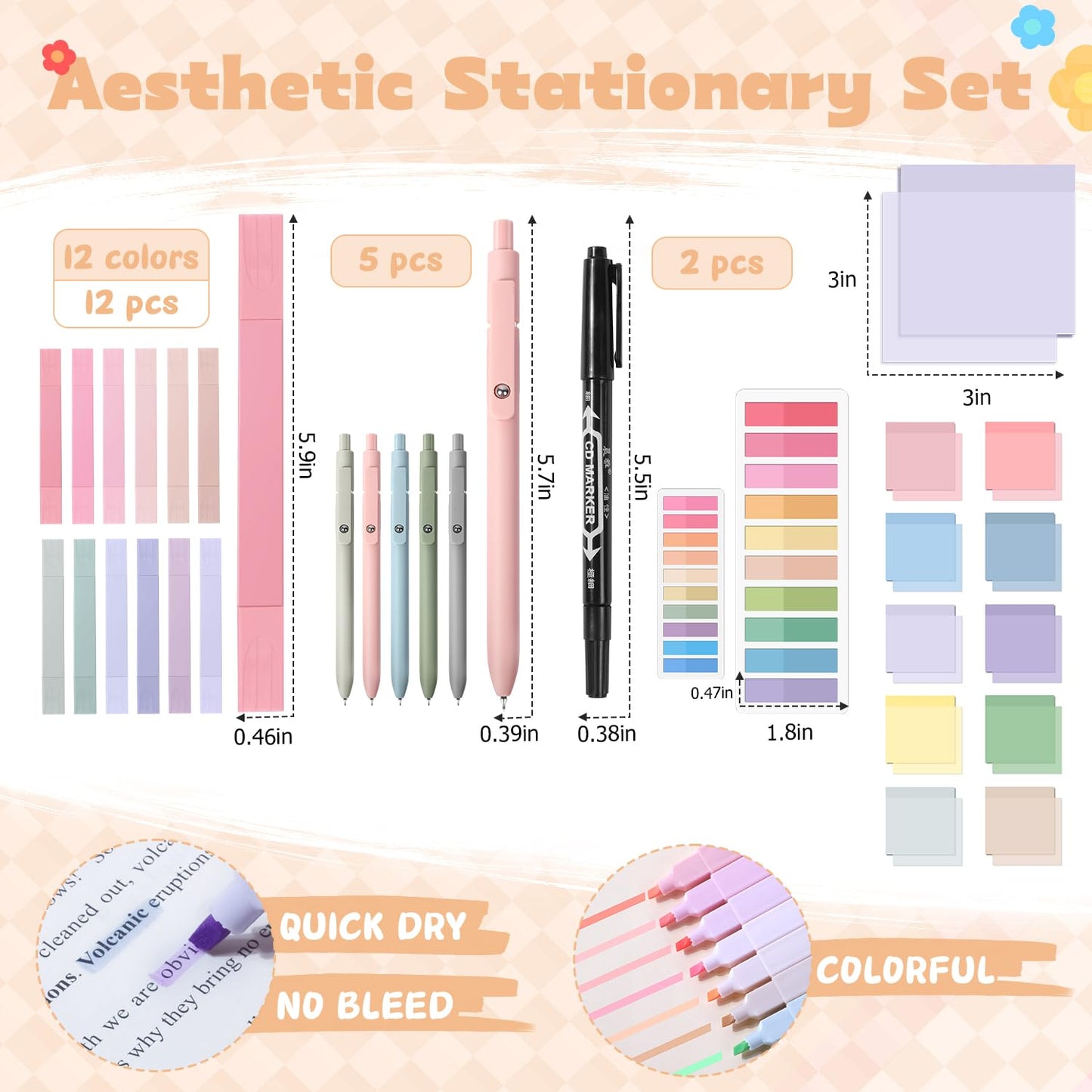 KOUDGY 49Pcs Book Annotation Kit - Aesthetic School Supplies with Cute Pen Case Highlighters Gel Pens and Marker, Sheets Transparent Index Tabs Sticky Notes Bible Study Supplies (Pink)