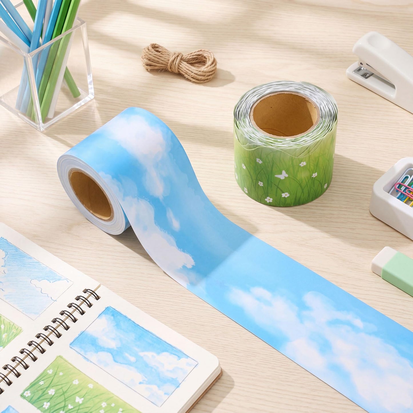 Trandraft 2 Rolls 65.6ft Blue Sky White Clouds Grass Bulletin Board Decorations Back to School Nature Bulletin Board Borders Strips Outdoor Classroom Decor Landscape Trim Borders for Home Office