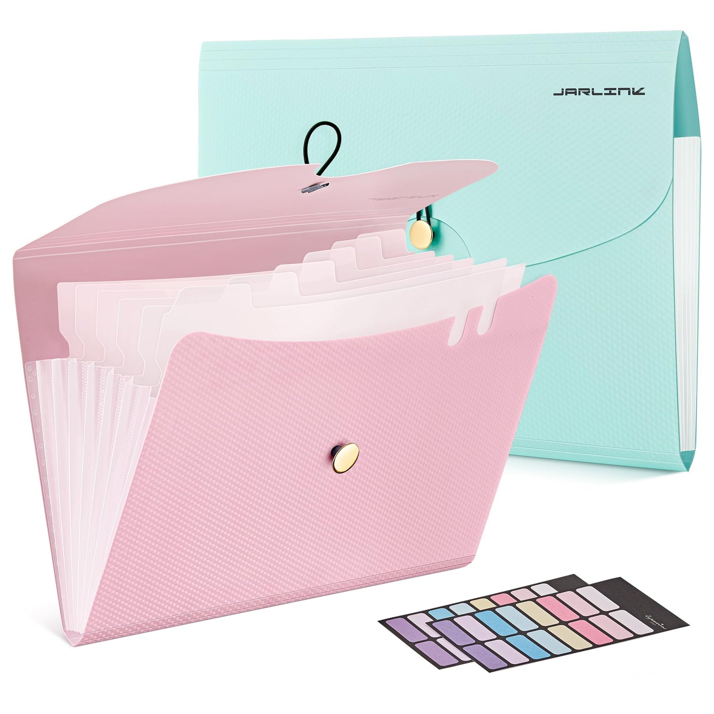 JARLINK 7 Pockets Expanding File Folder, A4 Accordion File Folders with 12 Labels, Cute Paper Organizer, Portable Document Organizer for College School Office Supplies, Macaron Blue & Macaron Pink