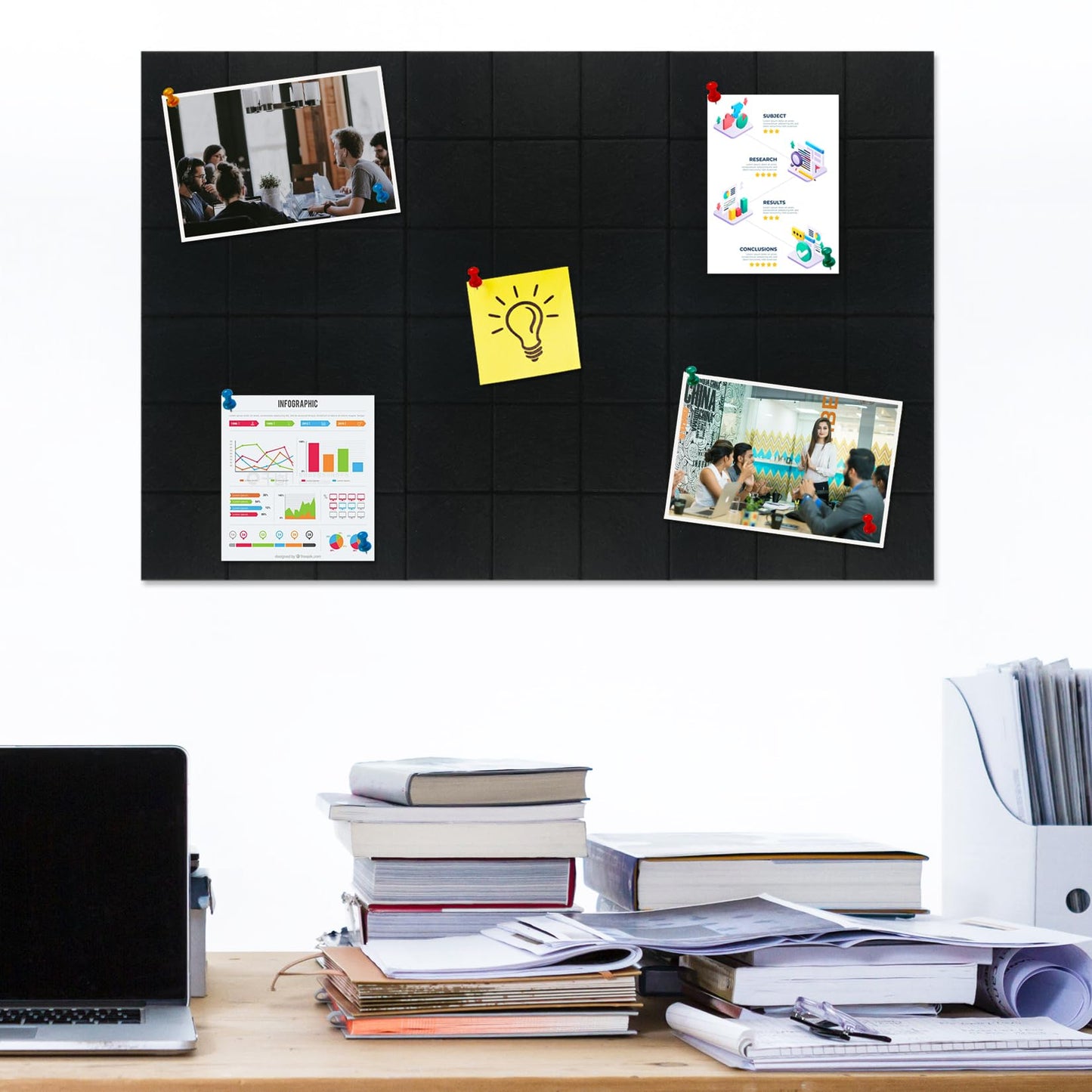 HULAVO Large Square Felt Cork Board Tiles, Self Adhesive DIY Felt Bulletin Board Pin Board with 35 Pushpins for Office School Home Wall Decor Stickers Memos Photos Display (Black)