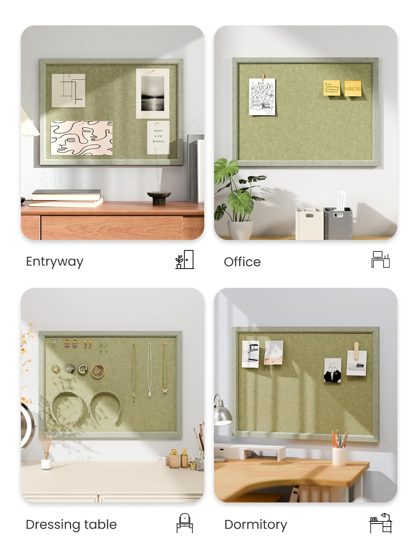 Fluxynara Foldable Cork Board Alternative, Felt Bulletin Board 23.6" x 17.5" Sage Frame with 12 Adhesive Tabs, Pin Board for Home Office, Classroom, Entryway, Kitchen Wall Decor—Olive Green