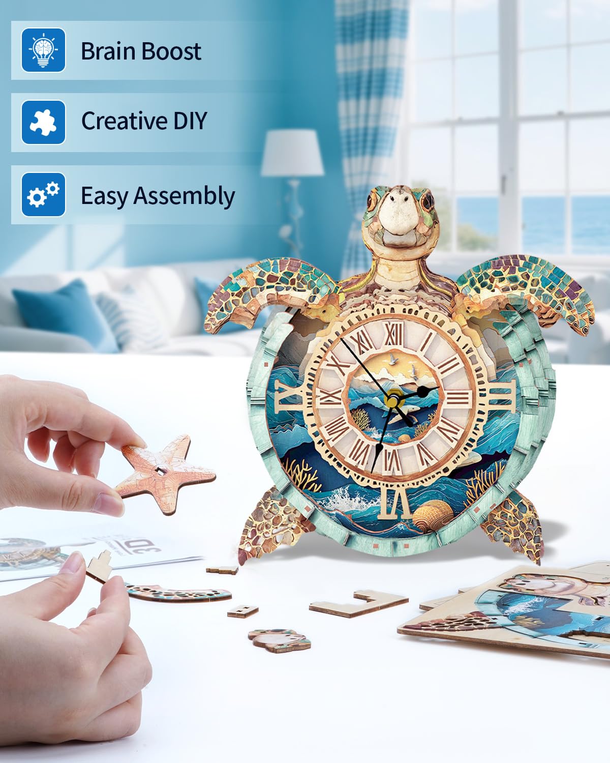 Rnfinewow 3D Puzzles for Adults, 3D Puzzle Sea Turtle Clock Kit (with Pendulum), Wooden Puzzle for Adults Home Wall Decor Clock Christmas Day Puzzle Gifts for Women Men
