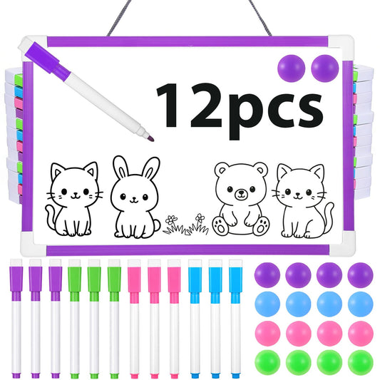 12 Set Hanging Magnetic Dry Erase Board, 11.8" x 7.68" Small Double-Sided Whiteboard Kit for Kids & Classroom, Includes Markers & Magnets (Pink, Blue, Green, Purple)