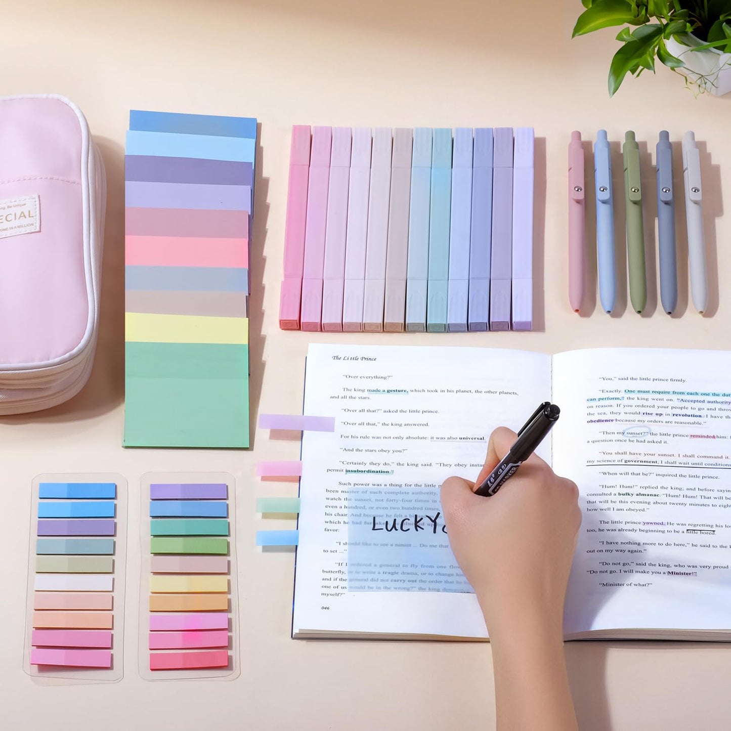 KOUDGY 49Pcs Book Annotation Kit - Aesthetic School Supplies with Cute Pen Case Highlighters Gel Pens and Marker, Sheets Transparent Index Tabs Sticky Notes Bible Study Supplies (Pink)