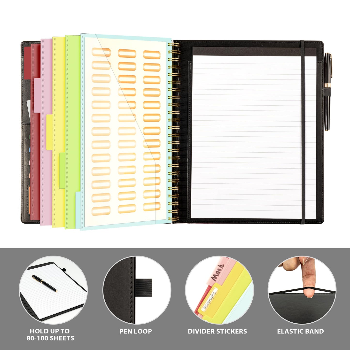 Ospelelf Clipboard with Storage for Men Women, Leather Padfolio Portfolio Organizer 5 Folders with 10 Pockets, Spiral Clipboard Folio with Notepad for Letter Size, Elastic Closure and Pen Loop Black
