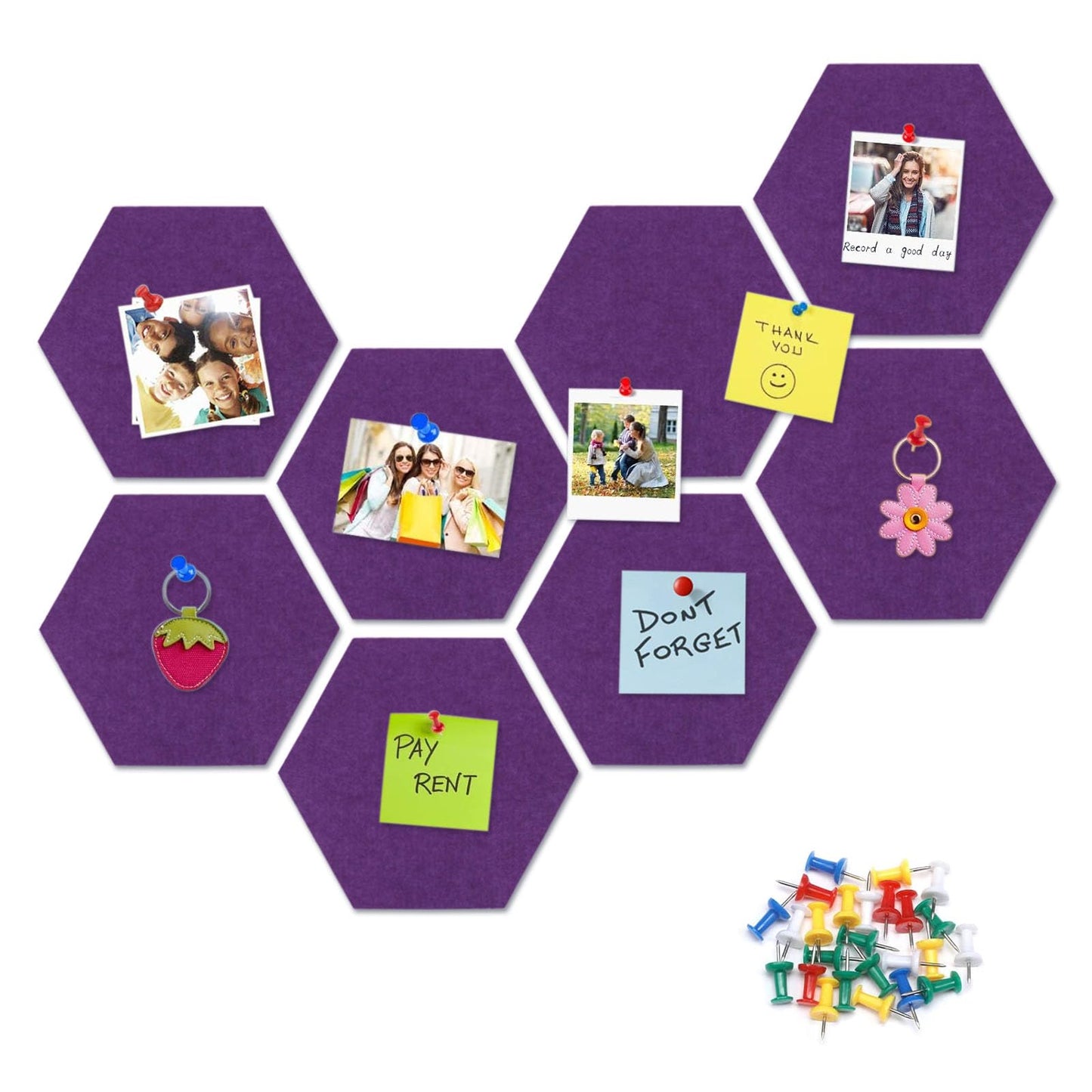 8 Packs Purple Hexagon Felt Pin Board, 12" Bulletin Board with 30 Push Pins, Felt Board for Home Kitchen Office Decor, Self-Adhesive Corkboard Tiles for Walls Classroom Message Photos Memos Display