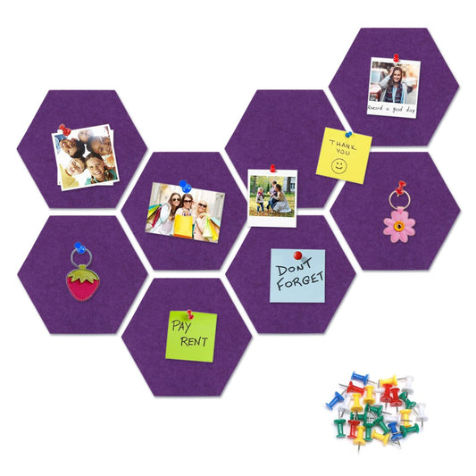 8 Packs Purple Hexagon Felt Pin Board, 12" Bulletin Board with 30 Push Pins, Felt Board for Home Kitchen Office Decor, Self-Adhesive Corkboard Tiles for Walls Classroom Message Photos Memos Display