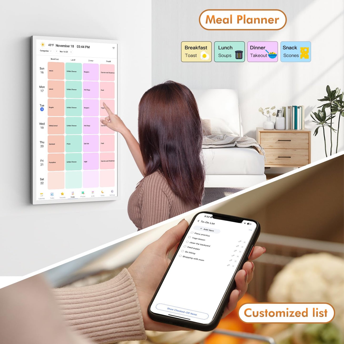 24" Smart Calendar Digital Chore-Chart-for-Planner - Touchscreen Display Electronic Calendar for Family Schedules, 32GB, Auto-Sync Google iCloud Outlook Calendars, Wall Mounted Household Organization
