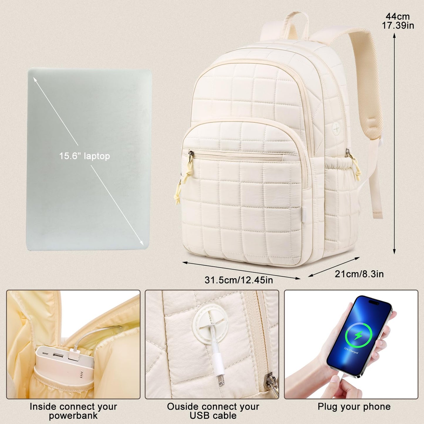 kadilong Laptop Backpack for Women College Travel,Quilted Daypack Bookbag for School Teen Girls Mochilas Mujer,Beige