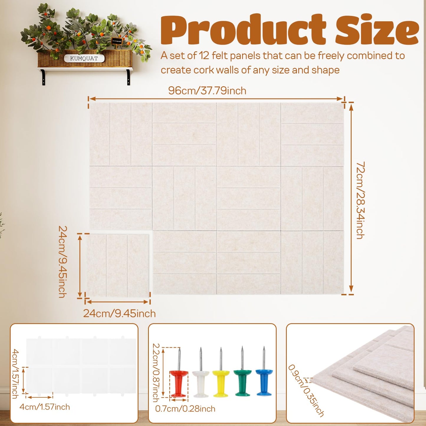 12 Pack Felt Bulletin Board Tiles - Modular Wall Panels (9.45"x9.45" Each), 0.35" Extra Thick Cork Board Alternative with Adhesive Tabs & Push Pins for Office Decor (Light Camel)