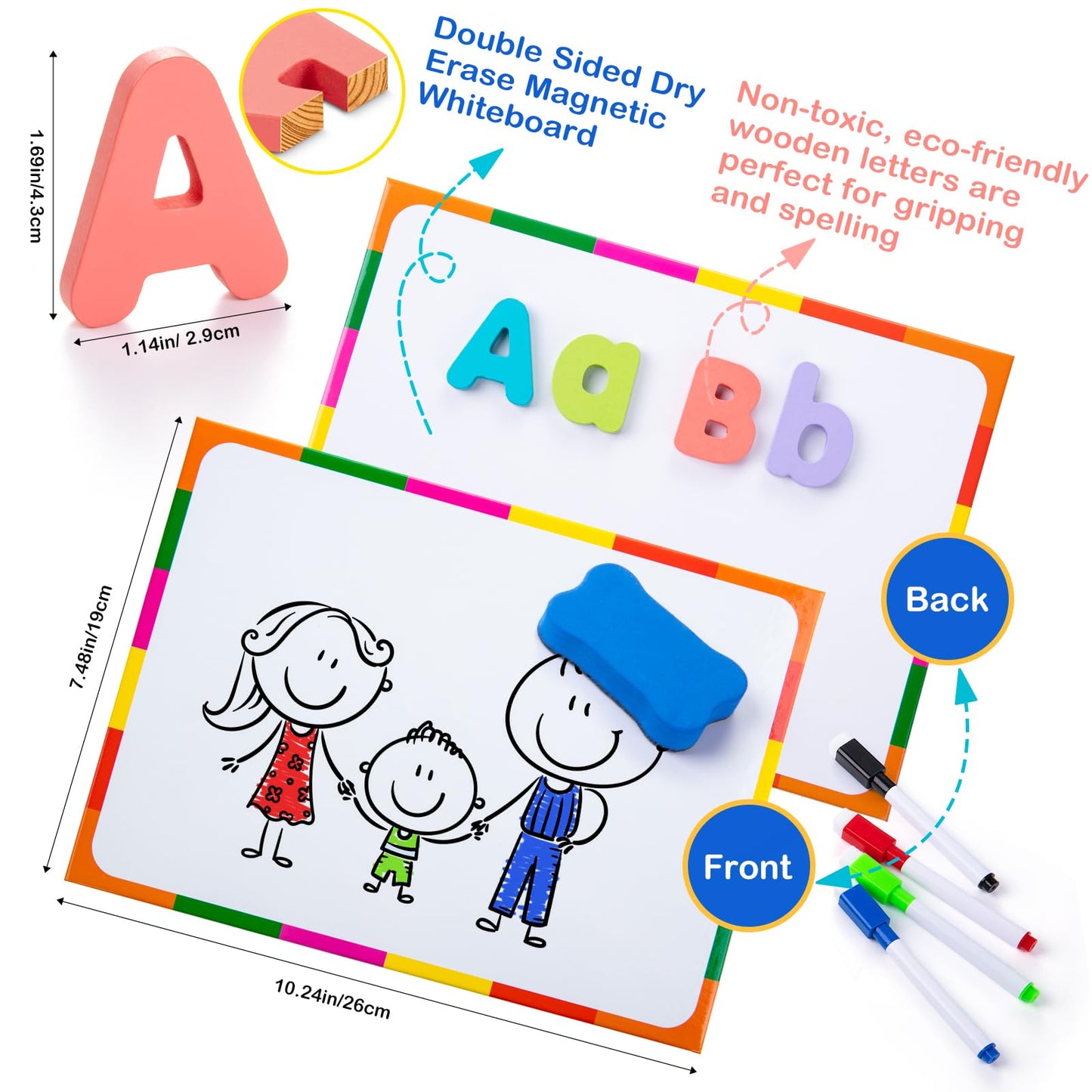 Sundaymot Magnetic Alphabet Letters Kit，310 Pcs with Magnetic Board and Organizer Bag, Upper and Lower Case Wooden Letters， Educational Toy Set for Classroom Kids Learning Spelling