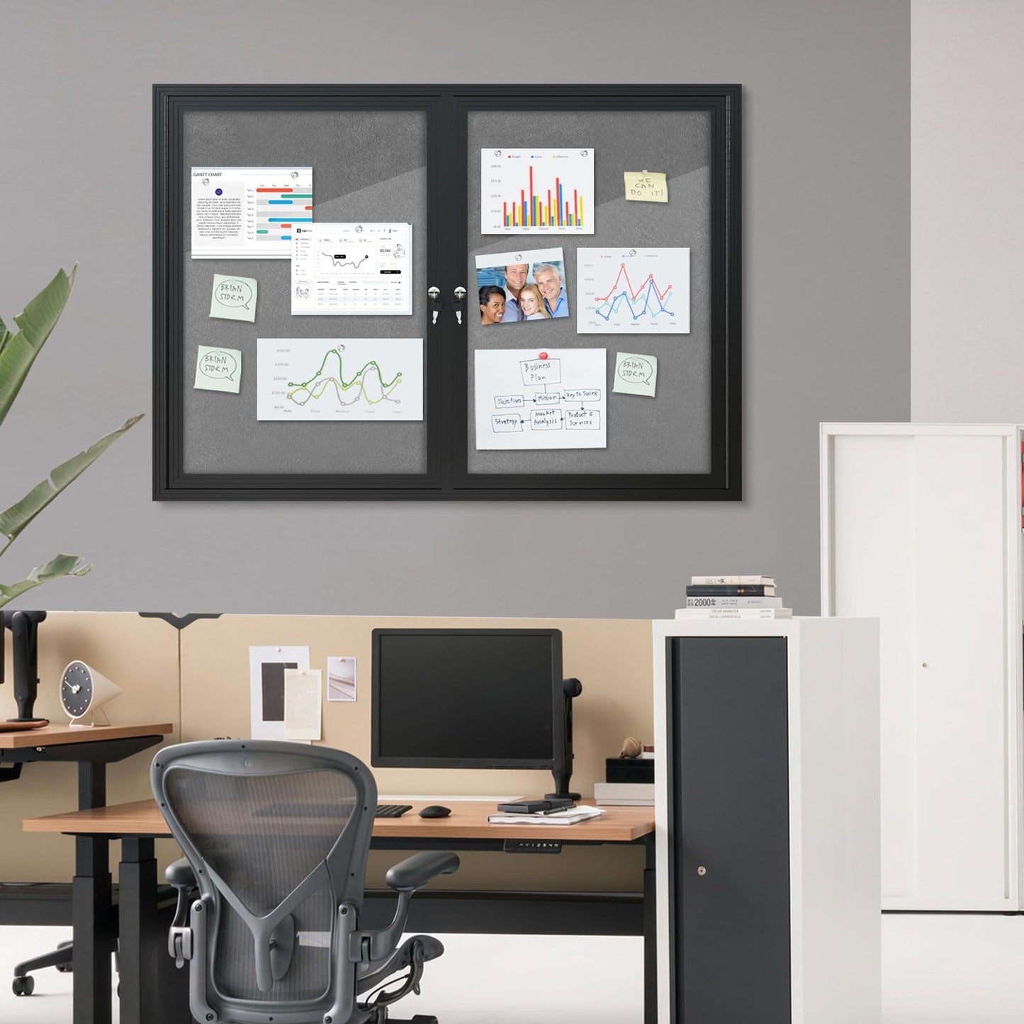 Mifuro 48"x34" Enclosed Bulletin Board, Outdoor Lockable Weather-Resistant Aluminum Cork Noticeboard for School & Office, Black Frame w/Grey Flet