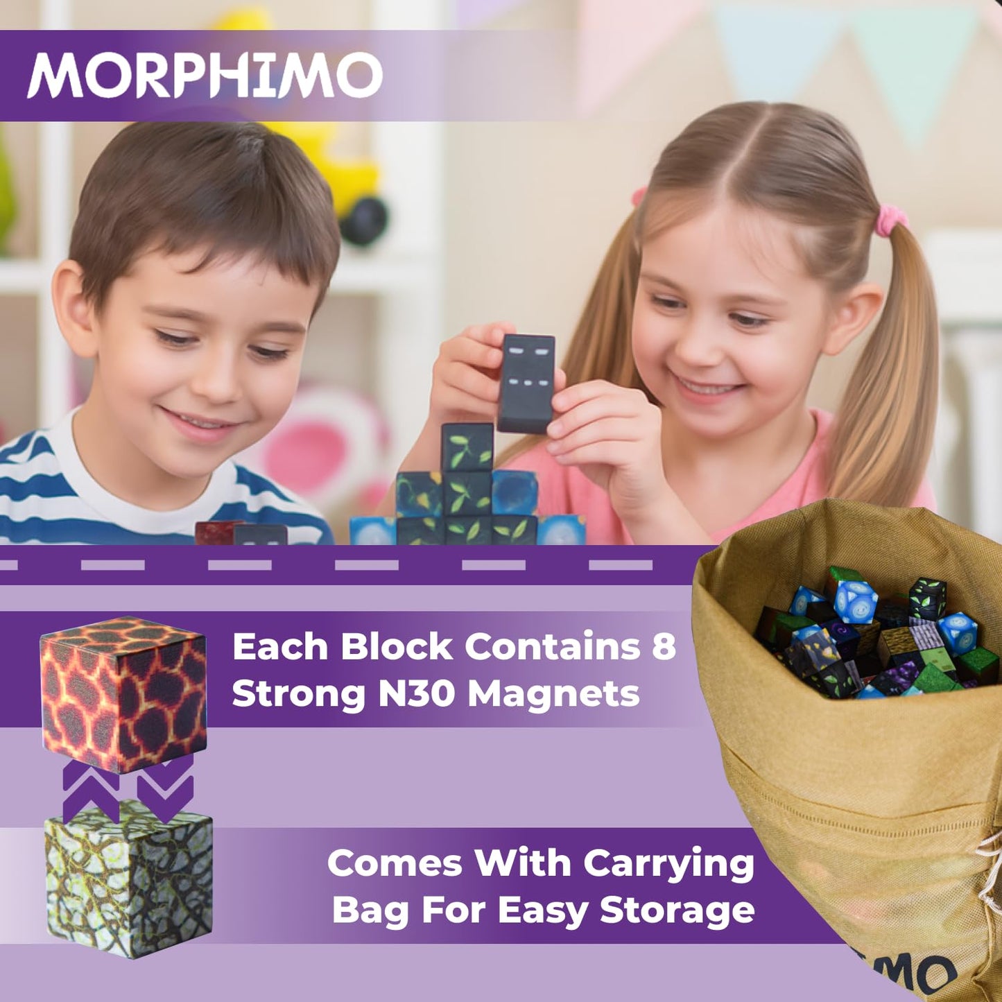 MORPHIMO 450 PCS Magnetic Building Blocks Set - Big STEM & Sensory Toy for Kids - Stacking Magnets - Instruction Book & Fabric Storage Bag - Shared Play Toy for Siblings & Friends