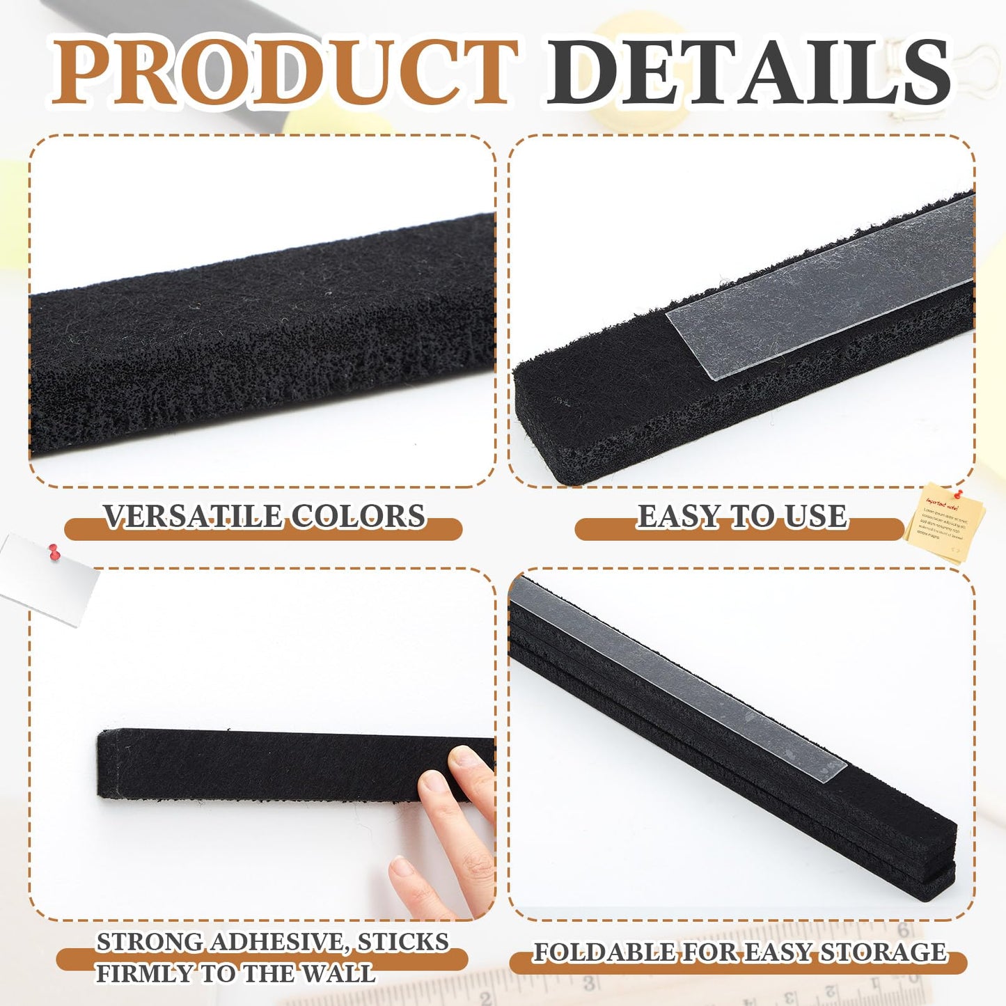 Mooliwe 4 Pcs 48" x 1" Foldable Felt Cork Strips Bulletin Bar Strip for Wall Bulletin Board Decoration, Notice Board Self Adhesive Cork Wall Decoration, Paste Note, Photo, Schedules, Office Home Decor