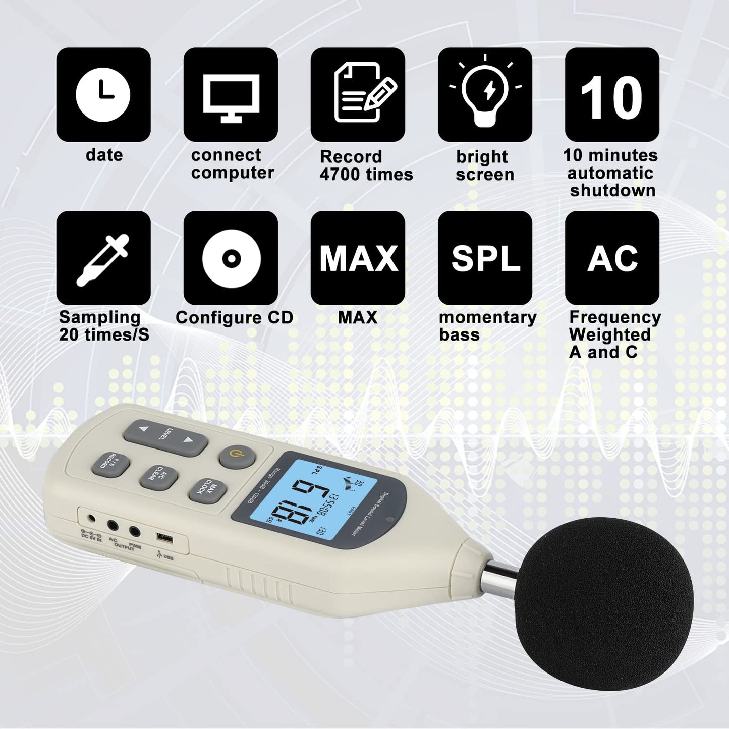 Decibel Meter, Professional Sound Level Meter with Backlight Display, USB Available SPL Meter 30 to 130dB, EC651 & ANSI S1.4 Standards A/C Weighted Sound Meter, Noise Meter with Records to 4700