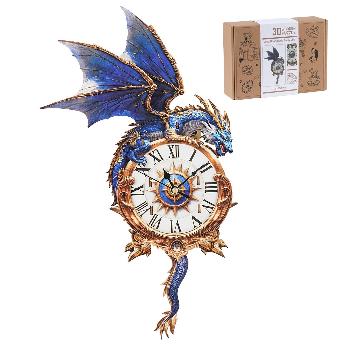 3D Wooden Puzzles for Adults, Blue Dragon Clock with Pendulum Model Kit, 3D Puzzles for Adults Room Home Decor DIY Wall Clock Kit, Holiday Birthday Christmas Day Gifts for Men Women Teens